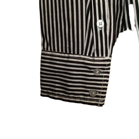 Guess  Blk Wht Stripe Long Sleeve V Neck Collared Button Down Shirt Sz L #05 - Picture 4 of 4